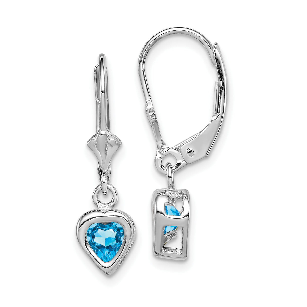 Sterling Silver Dangle Earrings with Heart Shaped Swiss Blue Topaz, Leverback Heart Design