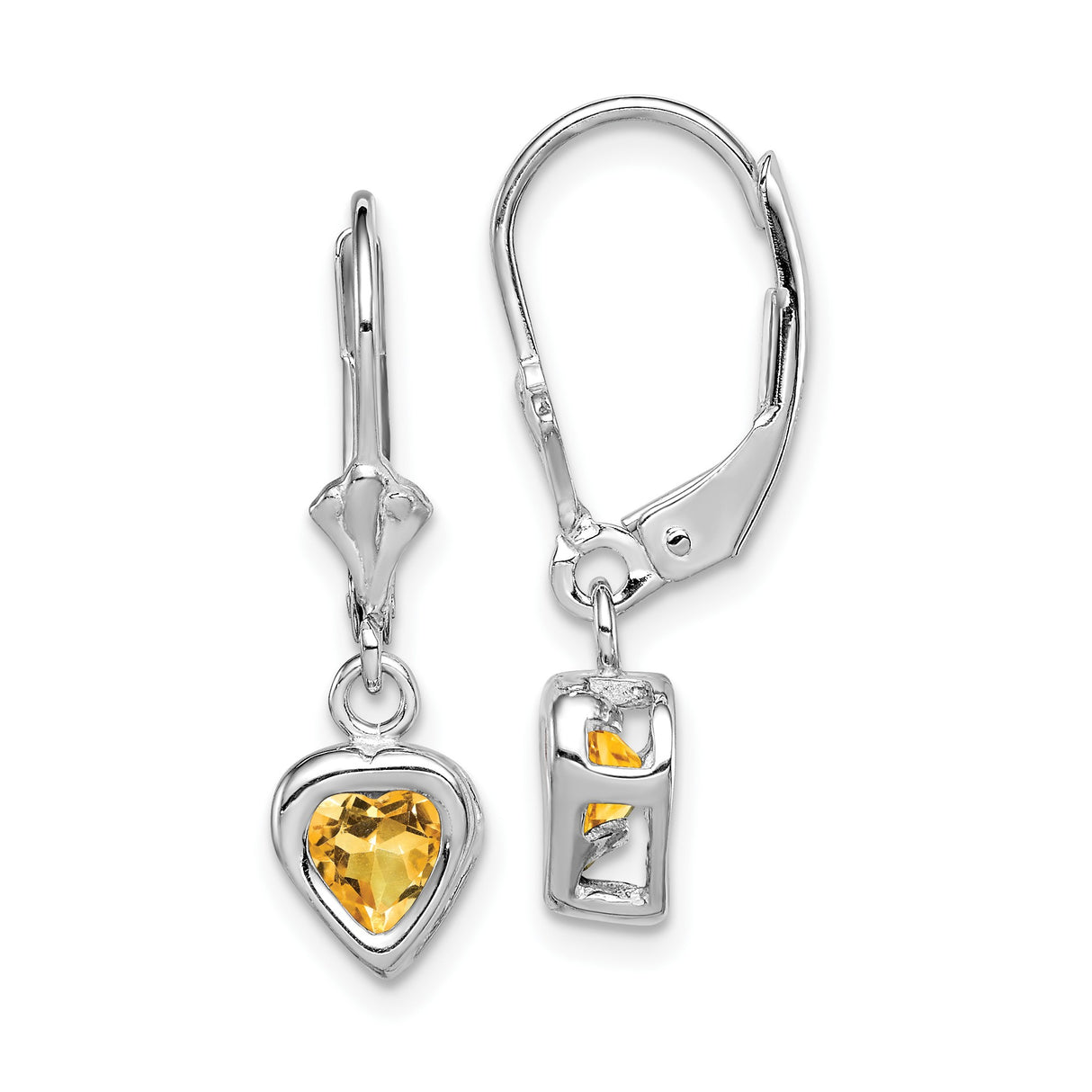 Sterling Silver Leverback Earrings with Heart Shaped Citrine, Romantic Dangle Design