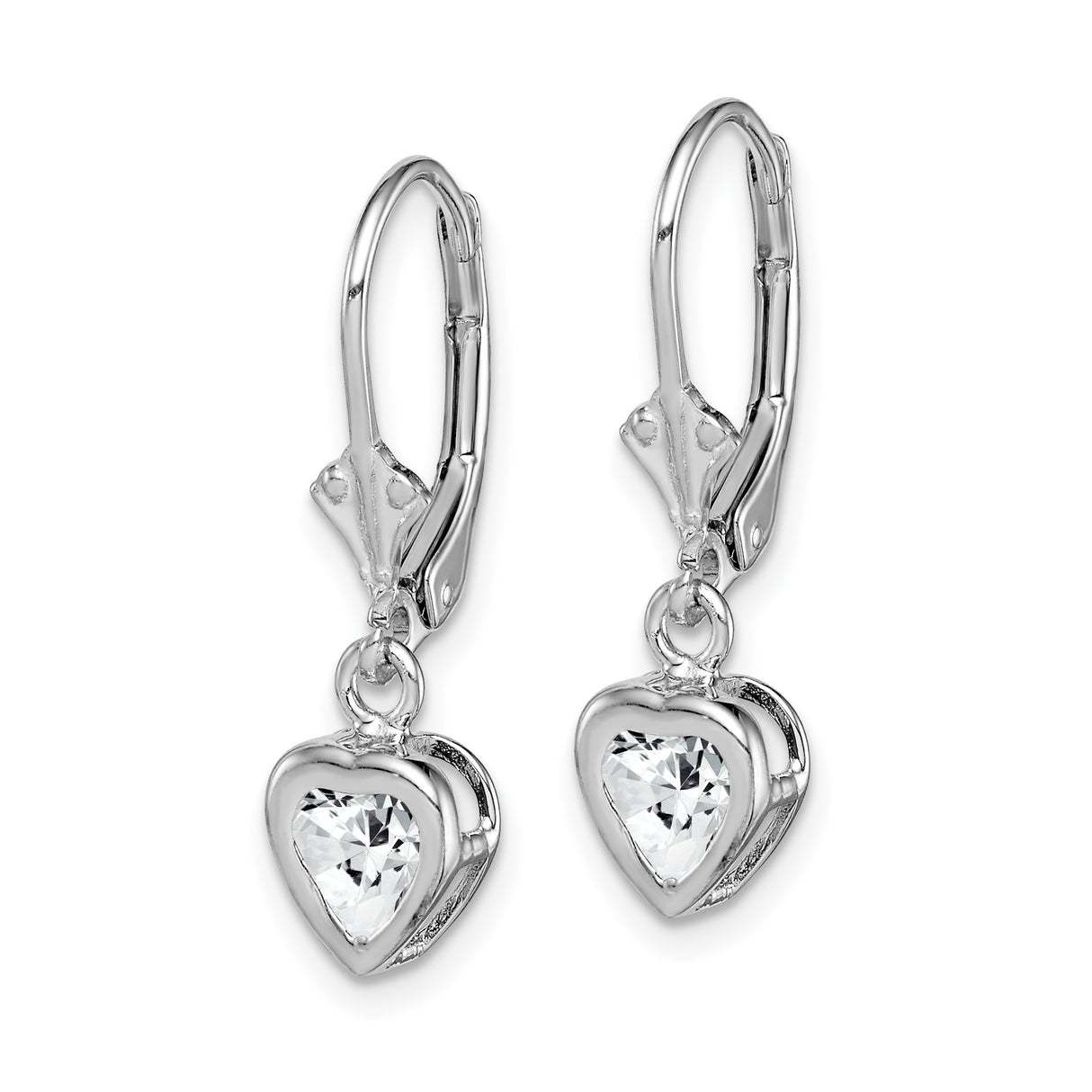 Sterling Silver Heart Drop Earrings with Cubic Zirconia, Leverback Dangle Style