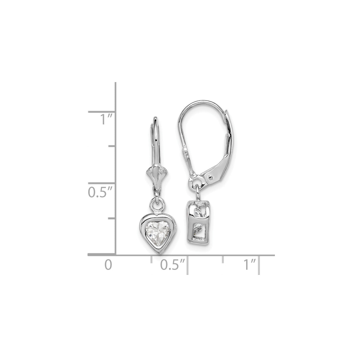 Sterling Silver Heart Drop Earrings with Cubic Zirconia, Leverback Dangle Style