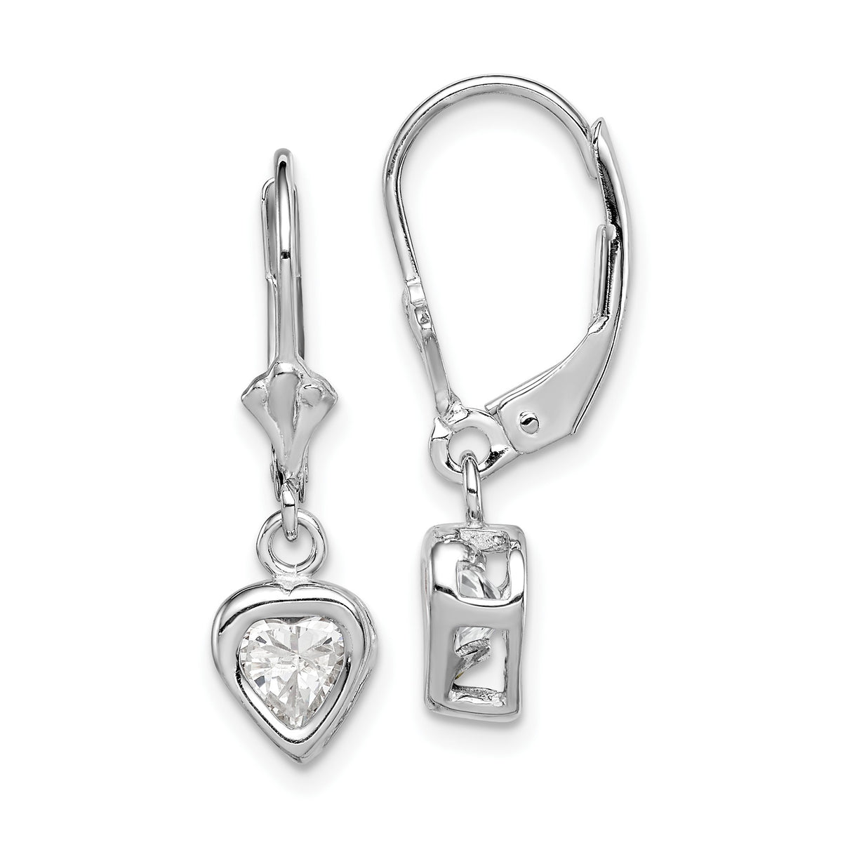 Sterling Silver Heart Drop Earrings with Cubic Zirconia, Leverback Dangle Style
