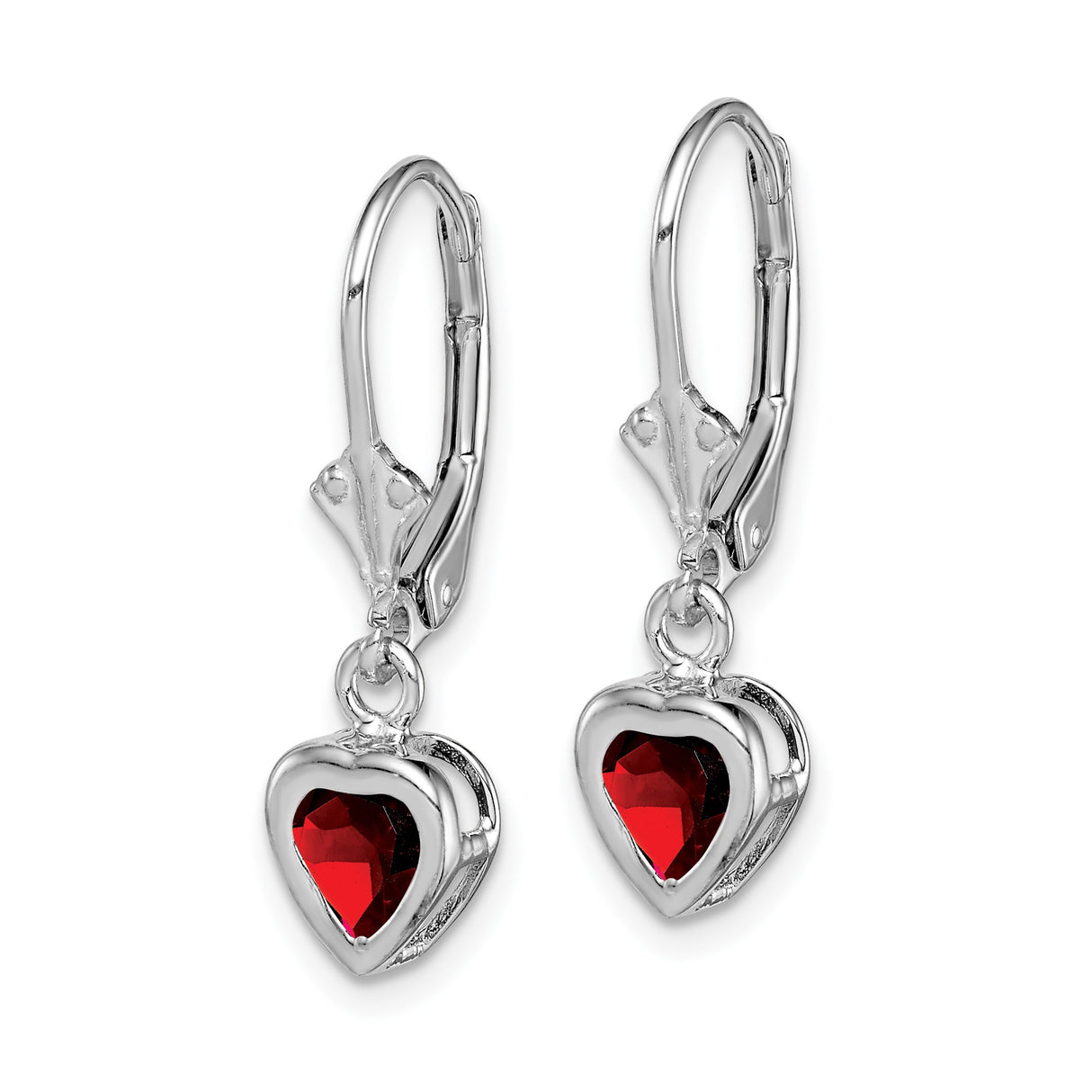 Sterling Silver Heart Dangle Earrings with Garnet Gemstones, Leverback Drop Design