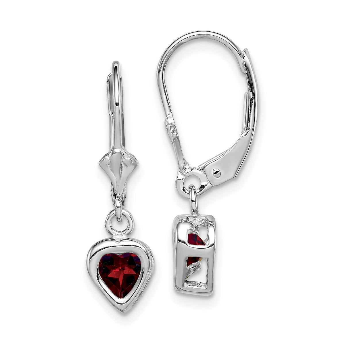 Sterling Silver Heart Dangle Earrings with Garnet Gemstones, Leverback Drop Design