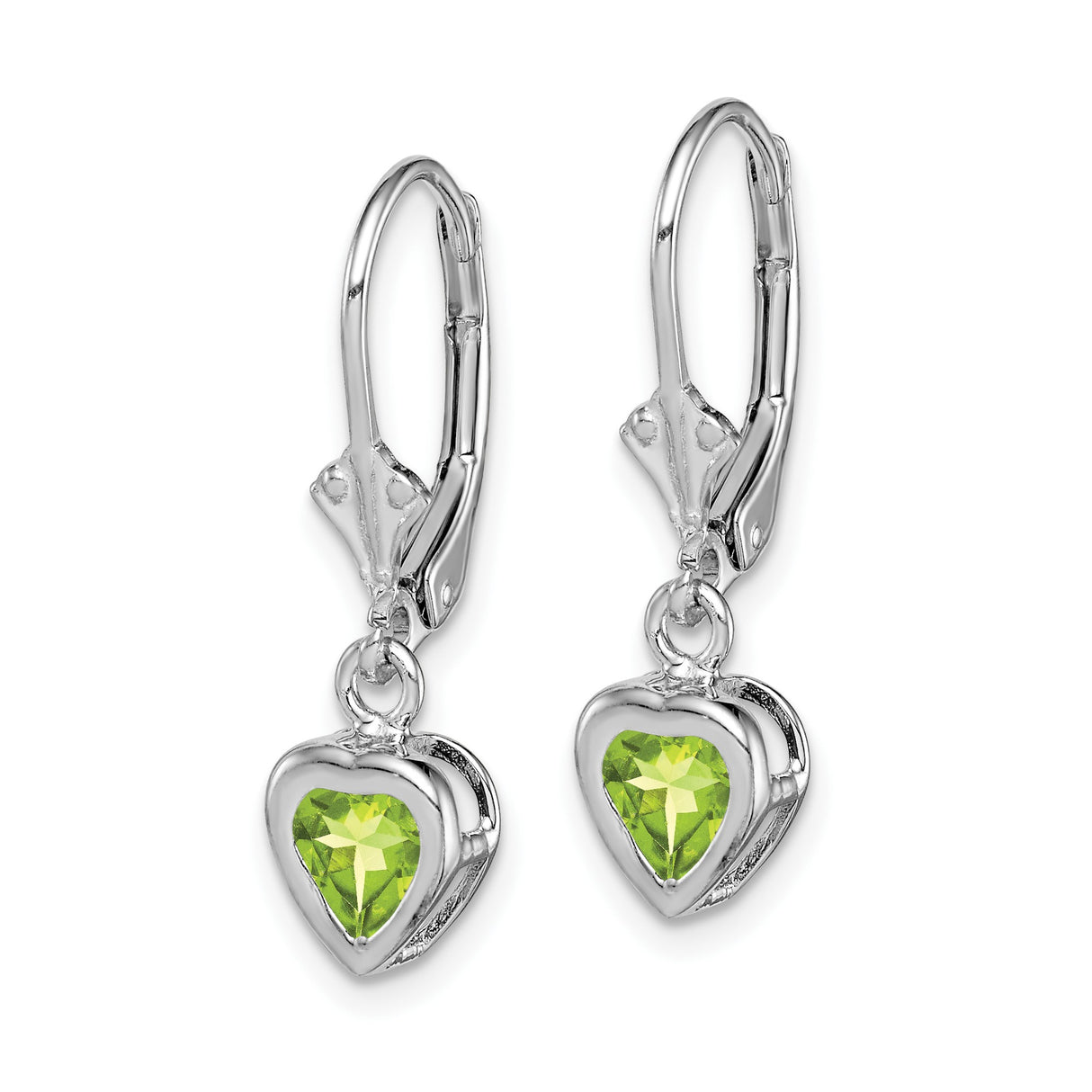 Sterling Silver Dangle Earrings with Heart Shaped Peridot Gemstones Leverback Design