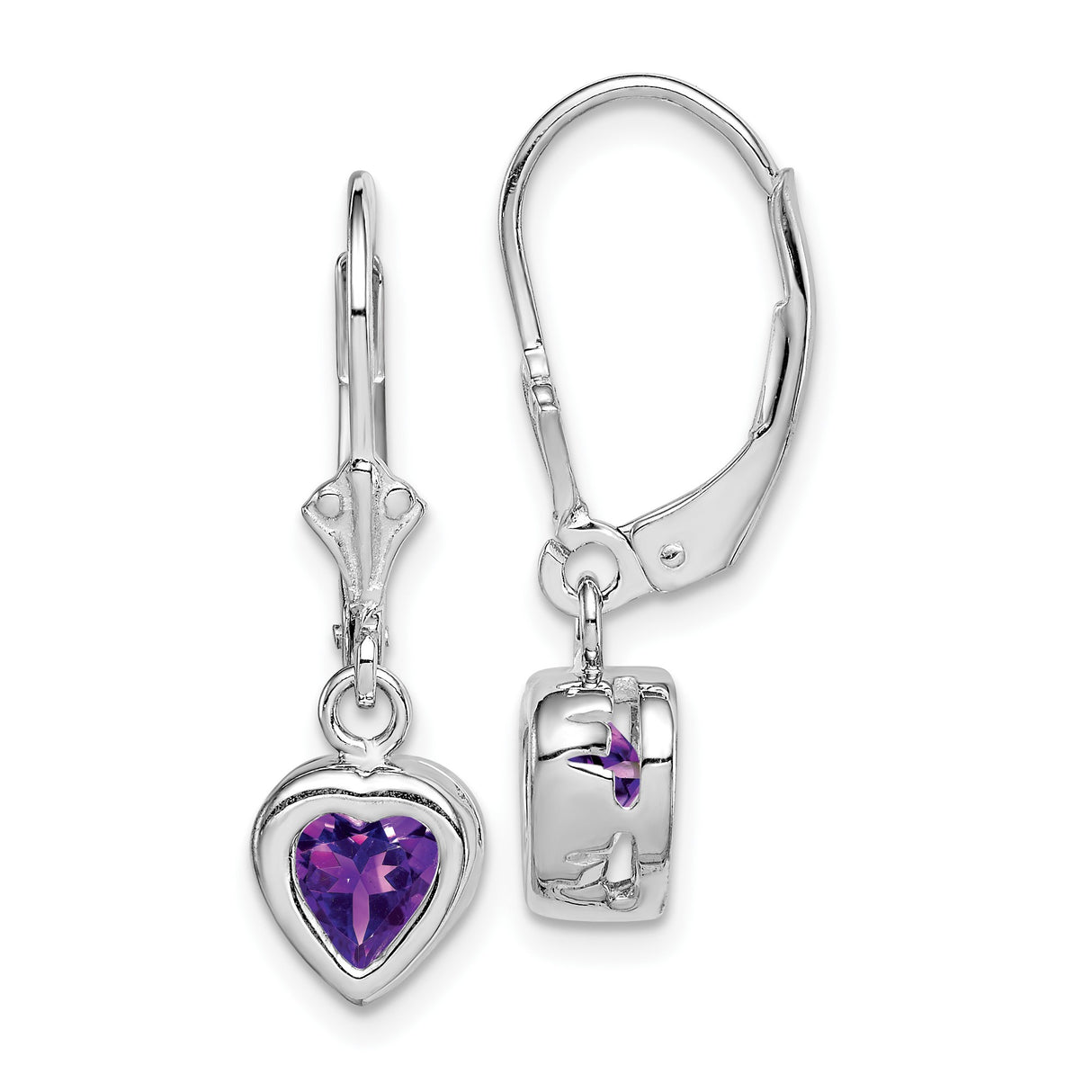 Sterling Silver Heart Drop Earrings with Amethyst and Leverback Closures for Women