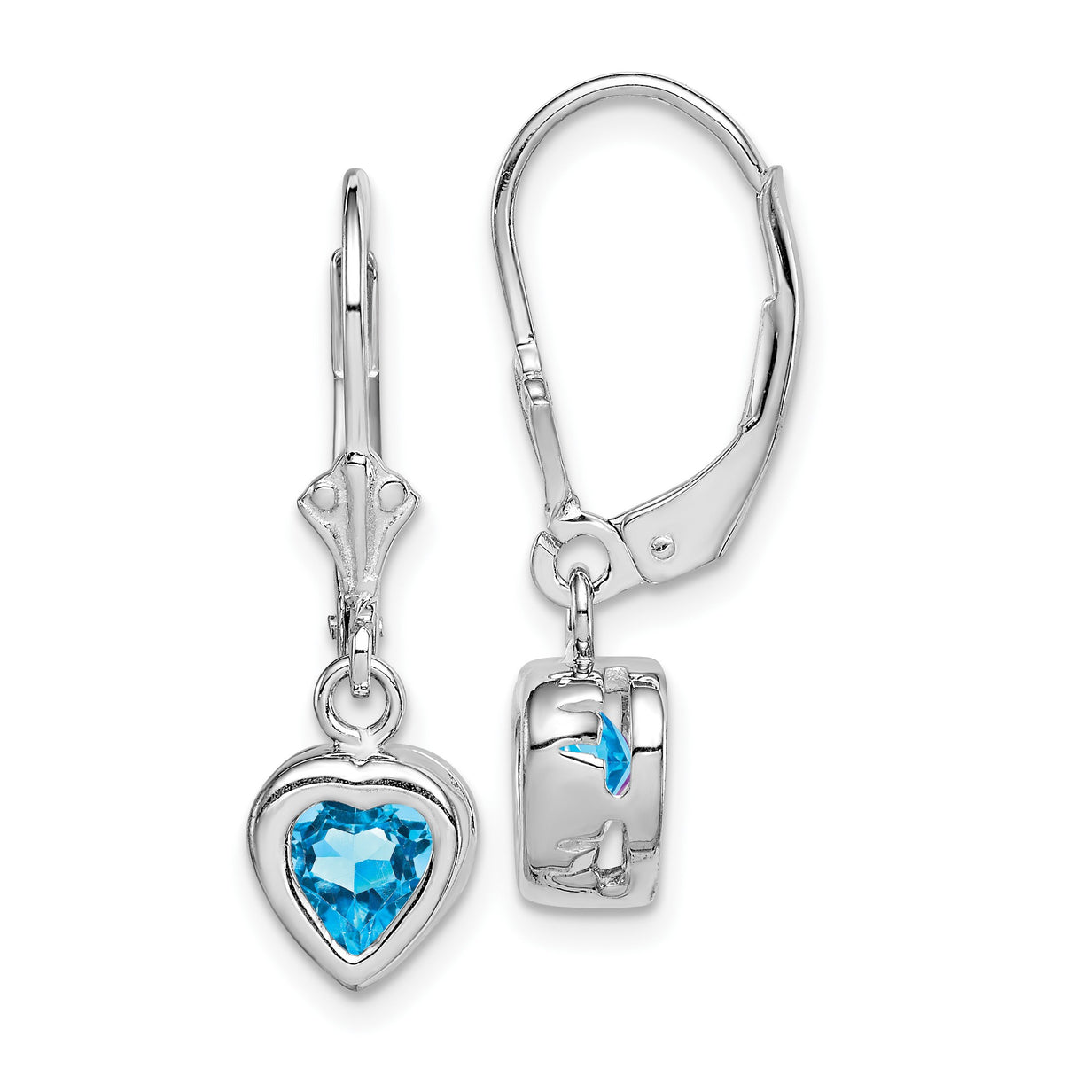 Sterling Silver Dangle Earrings with Swiss Blue Topaz, Heart Shape and Bird Motif Leverbacks