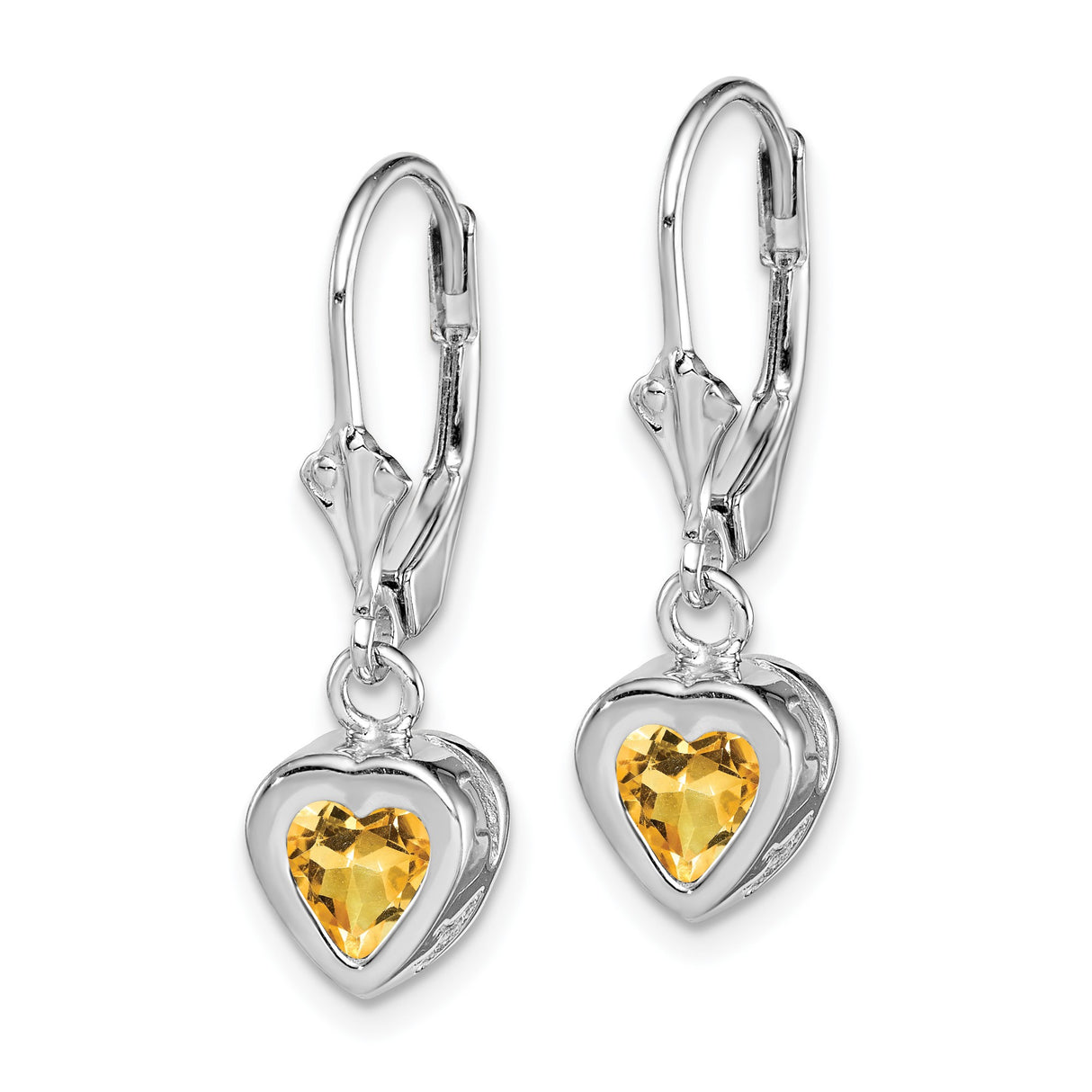 Sterling Silver Heart Drop Earrings with Citrine Gemstones, Leverback Design