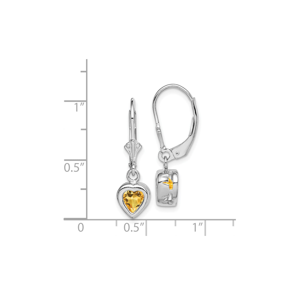 Sterling Silver Heart Drop Earrings with Citrine Gemstones, Leverback Design
