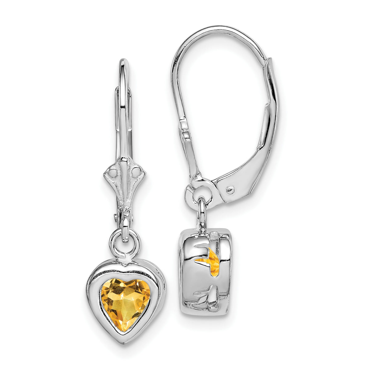 Sterling Silver Heart Drop Earrings with Citrine Gemstones, Leverback Design