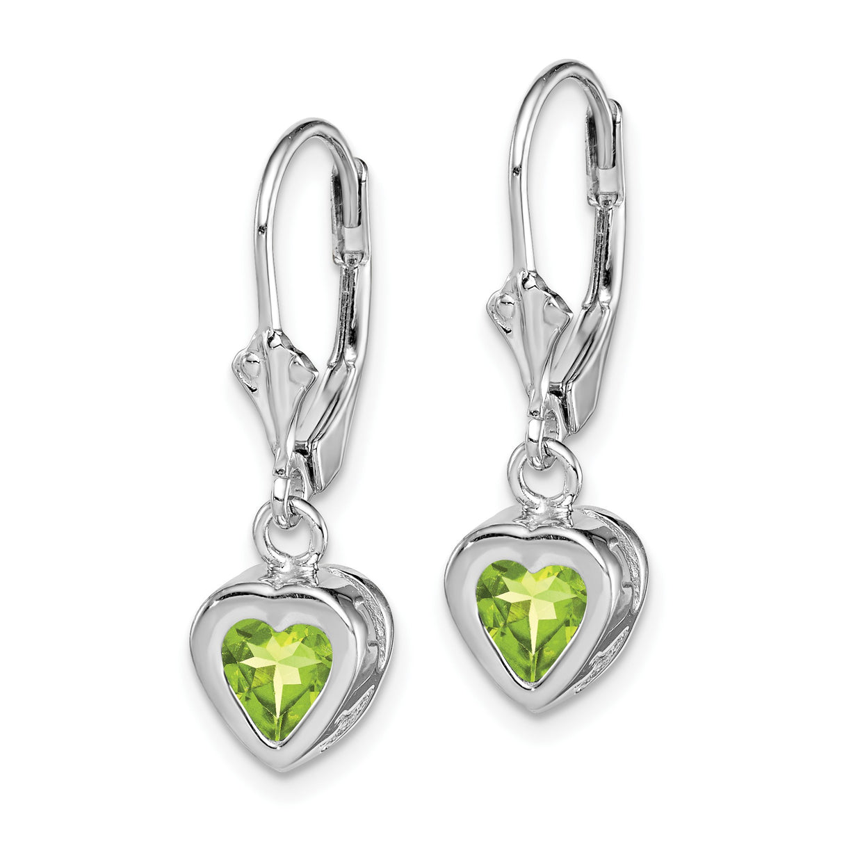 Sterling Silver Leverback Earrings with Heart-Shaped Peridot, Romantic Dangle Design