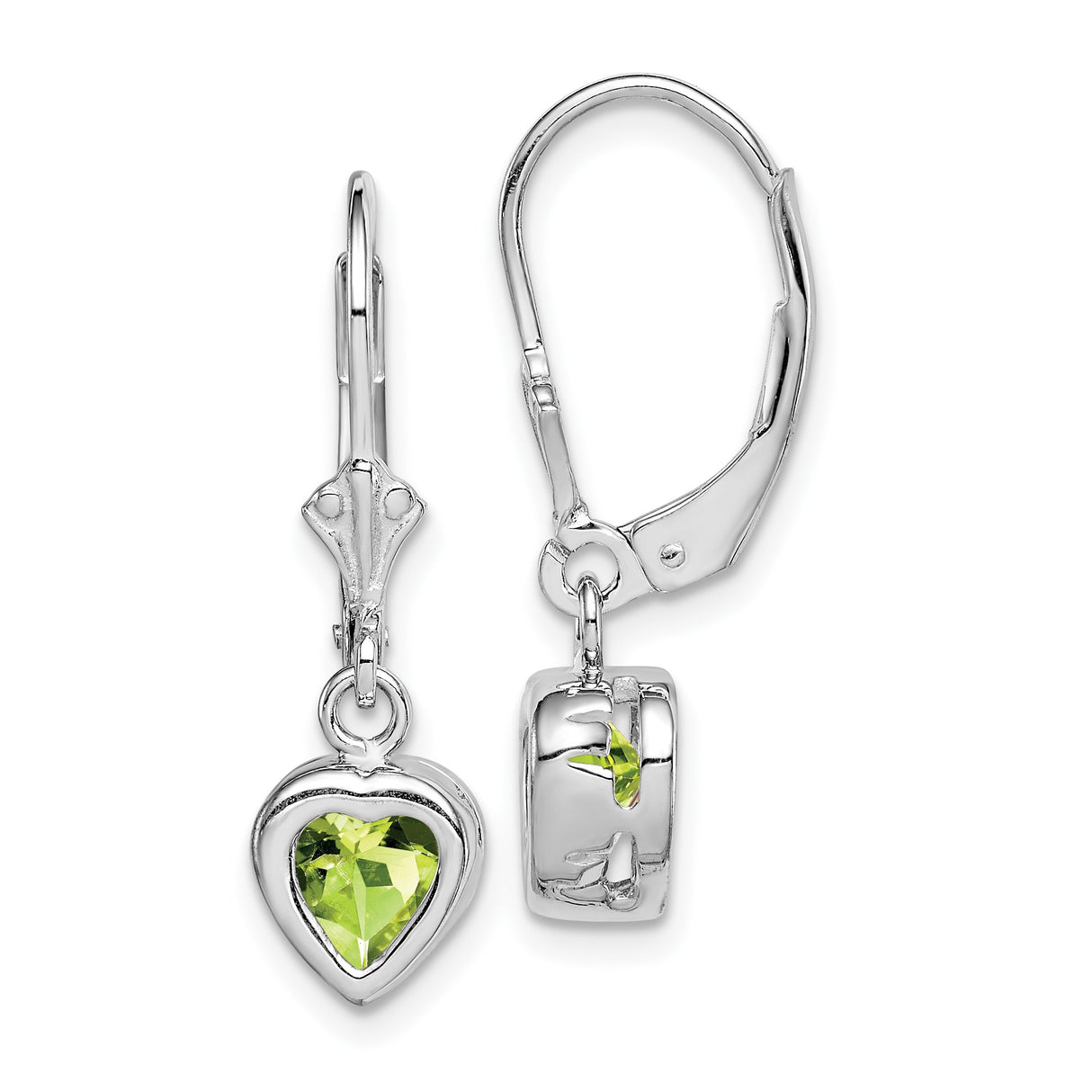 Sterling Silver Leverback Earrings with Heart-Shaped Peridot, Romantic Dangle Design