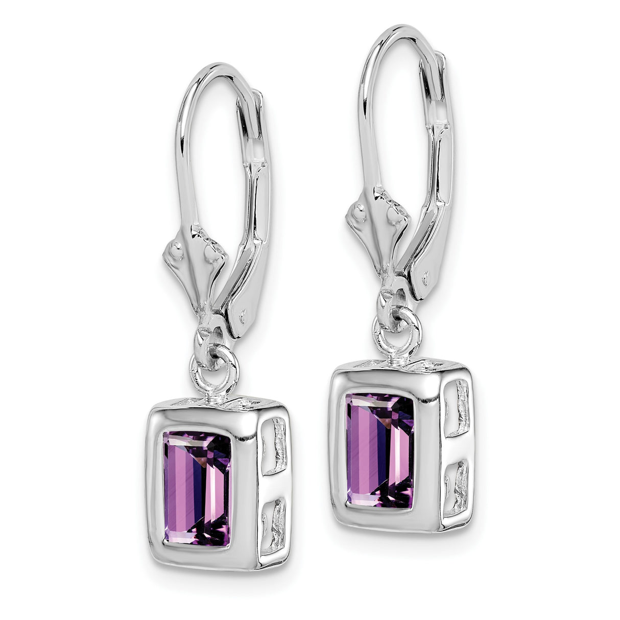 Sterling Silver Dangle Earrings with Rectangular Amethyst in Bezel Setting, Leverback Design
