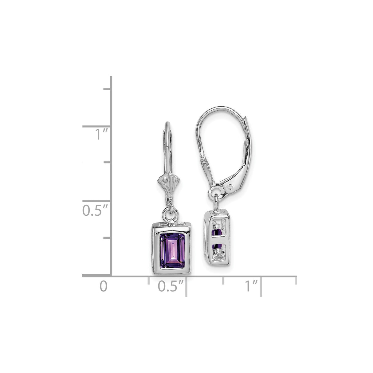 Sterling Silver Dangle Earrings with Rectangular Amethyst in Bezel Setting, Leverback Design