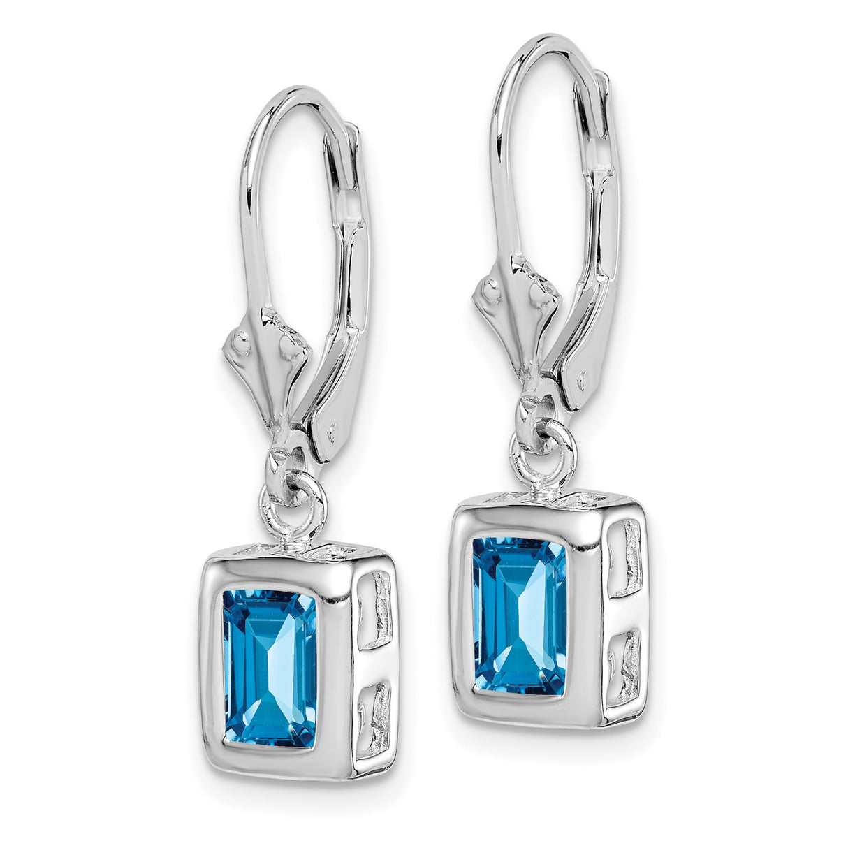 Sterling Silver Leverback Dangle Earrings with Swiss Blue Topaz, Emerald Cut Rectangle Design