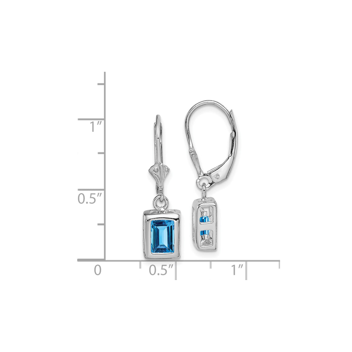 Sterling Silver Leverback Dangle Earrings with Swiss Blue Topaz, Emerald Cut Rectangle Design