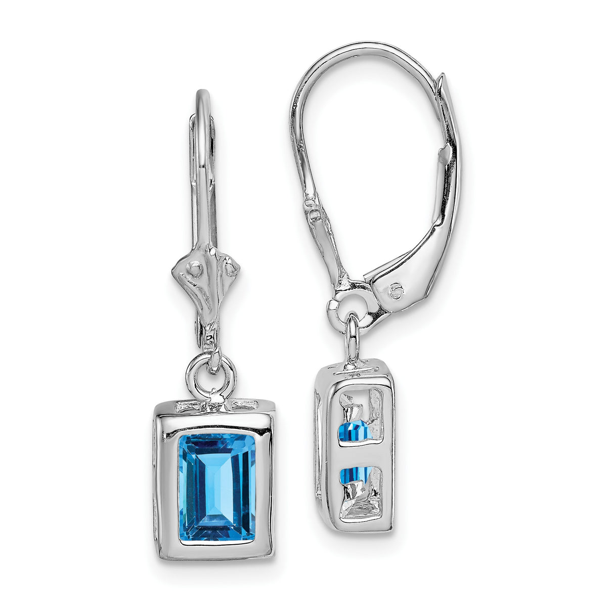 Sterling Silver Leverback Dangle Earrings with Swiss Blue Topaz, Emerald Cut Rectangle Design