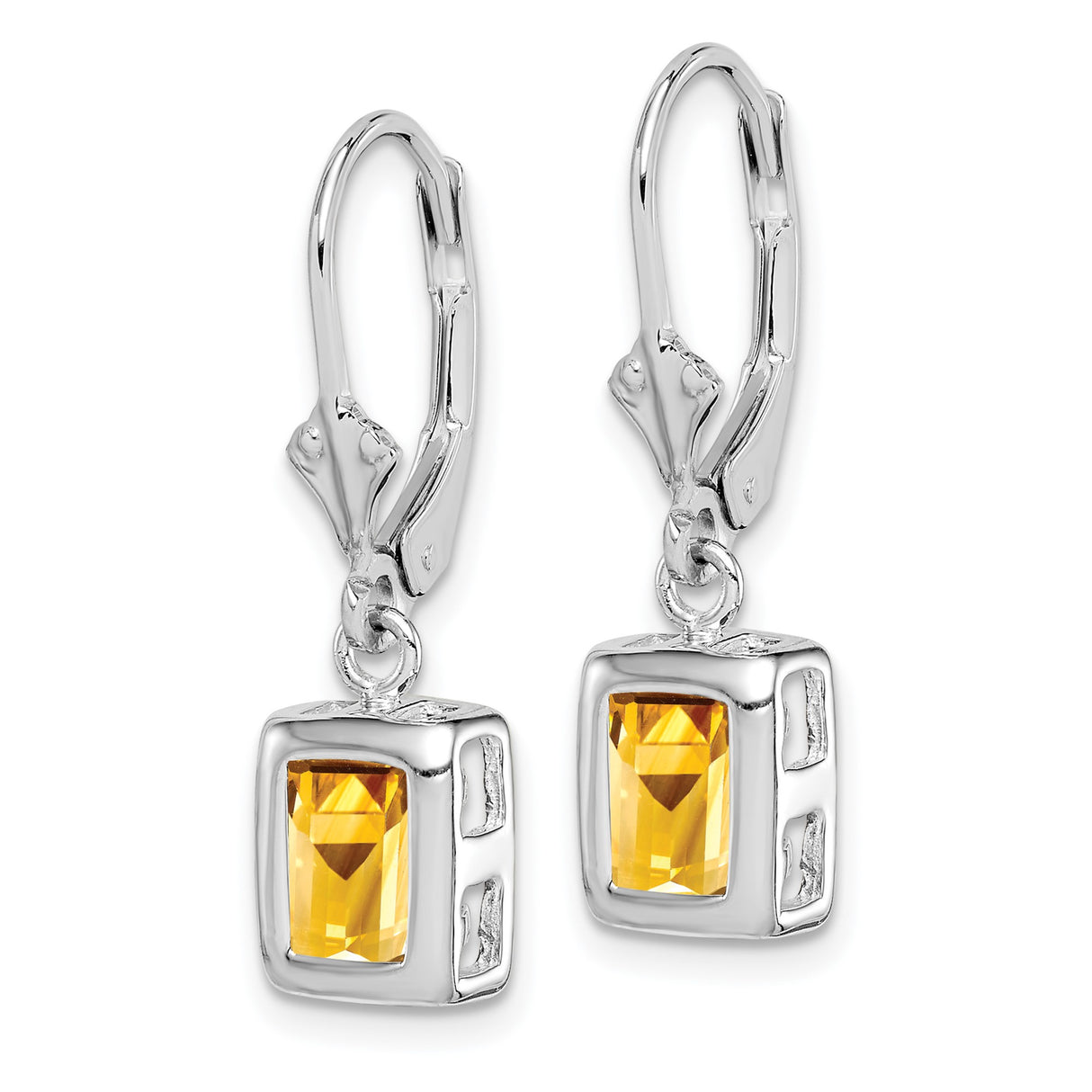 Sterling Silver Drop Earrings with Rectangular Citrine, Modern Faceted Design, Leverback Closure