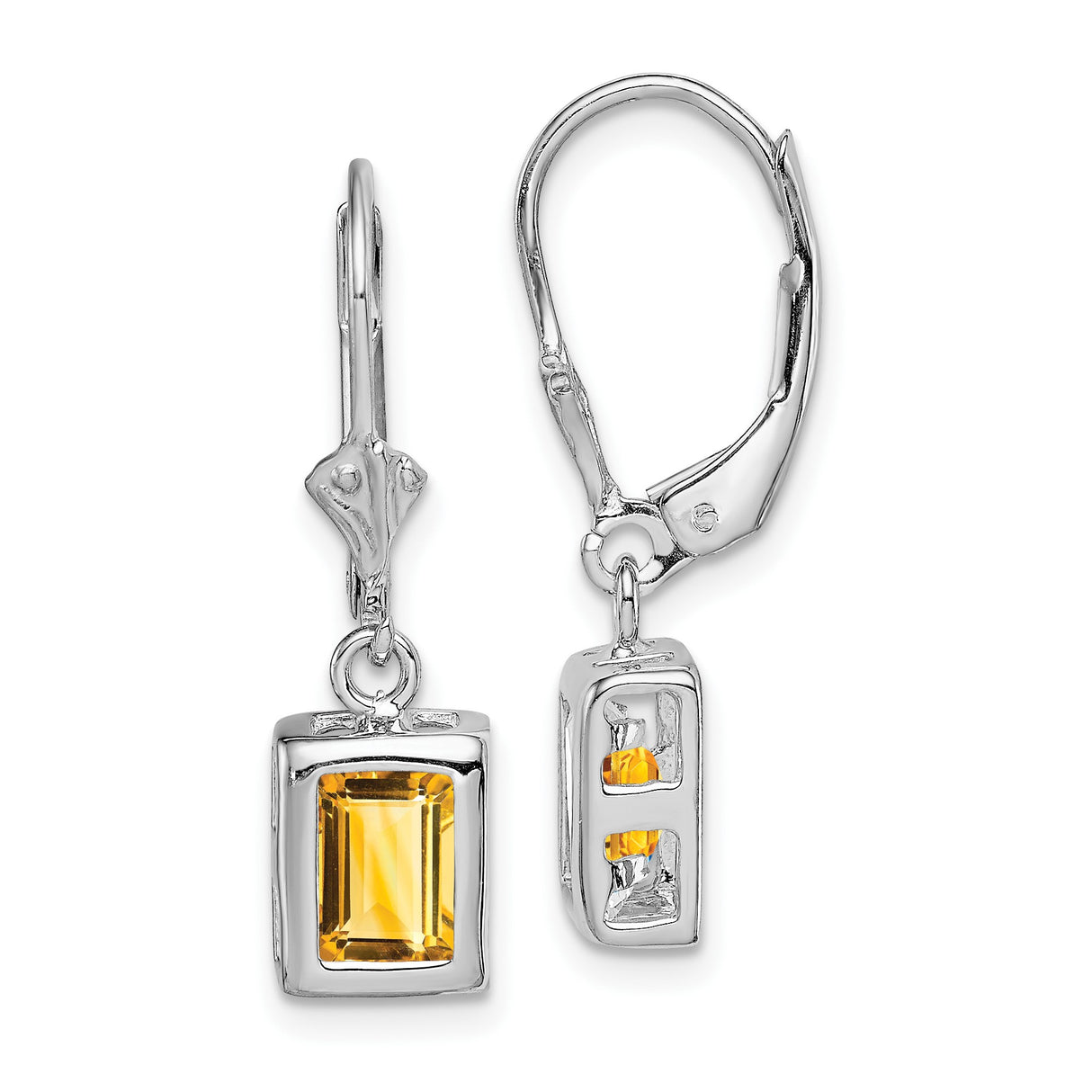 Sterling Silver Drop Earrings with Rectangular Citrine, Modern Faceted Design, Leverback Closure
