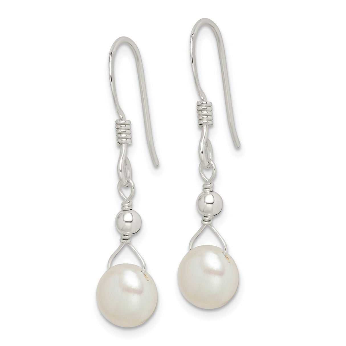 Sterling Silver Dangle Earrings with White Freshwater Pearls and Polished Beads
