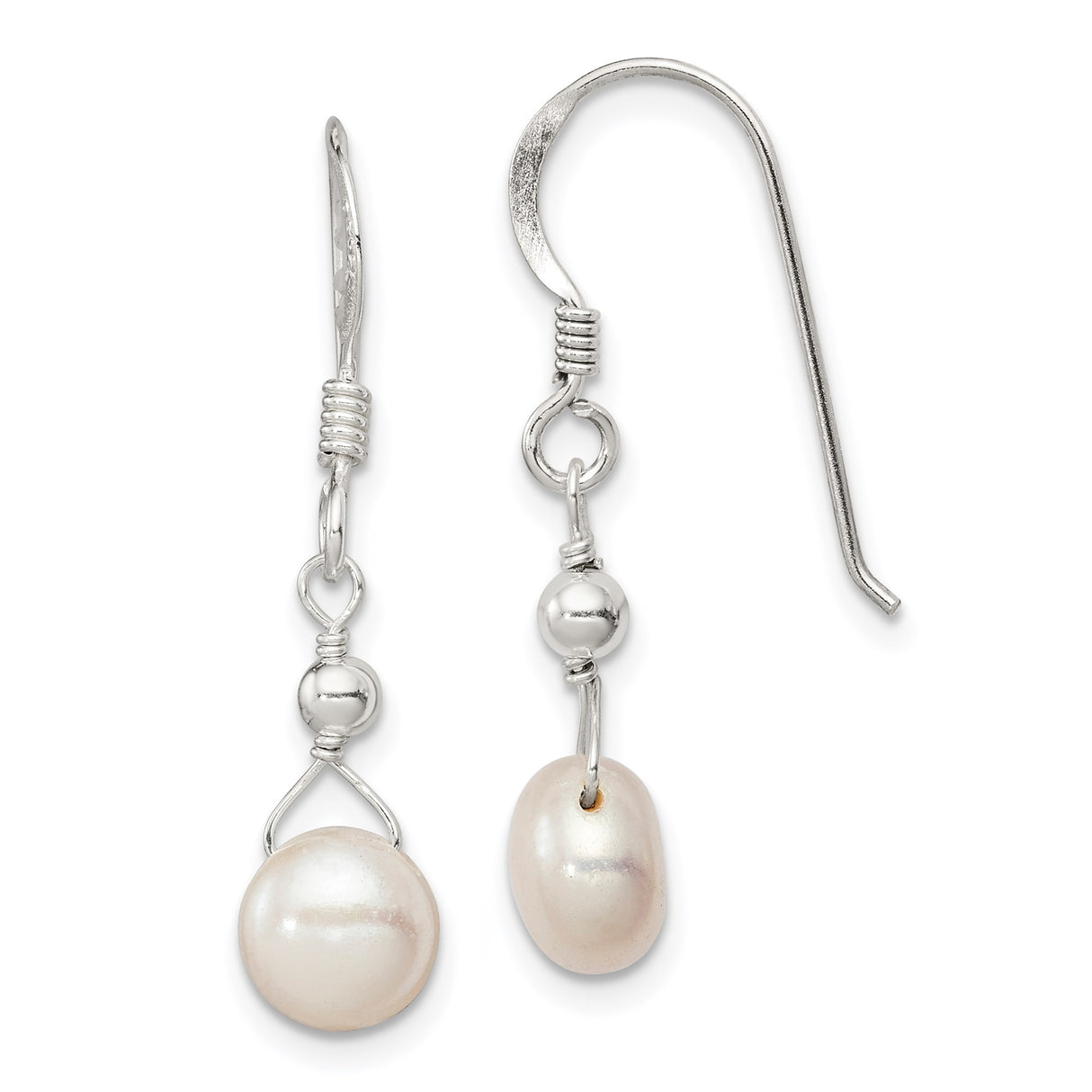 Sterling Silver Dangle Earrings with White Freshwater Pearls and Polished Beads