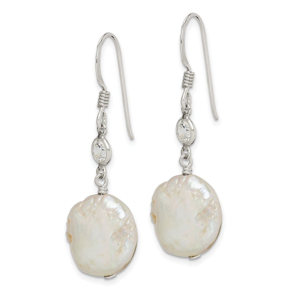 Sterling Silver Drop Earrings with Freshwater Coin Pearl and Cubic Zirconia Accent