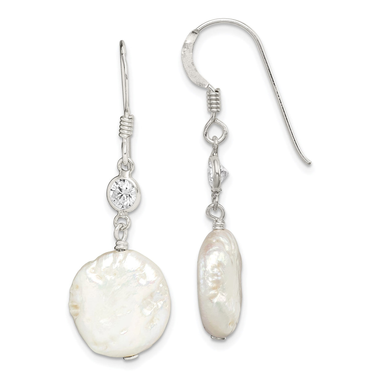 Sterling Silver Drop Earrings with Freshwater Coin Pearl and Cubic Zirconia Accent