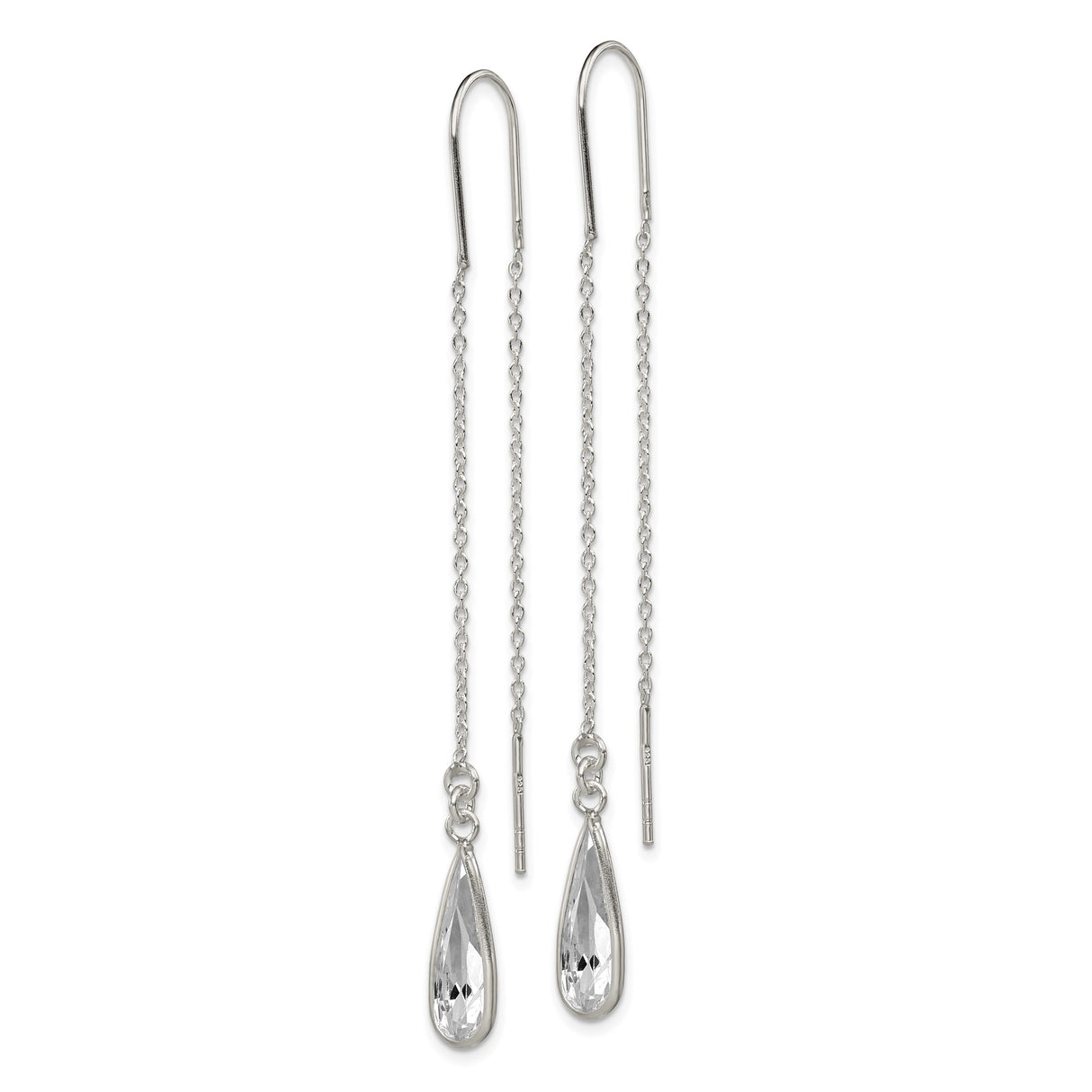 Sterling Silver Threader Earrings with Clear Teardrop Crystal, Long Delicate Chain Drop Design