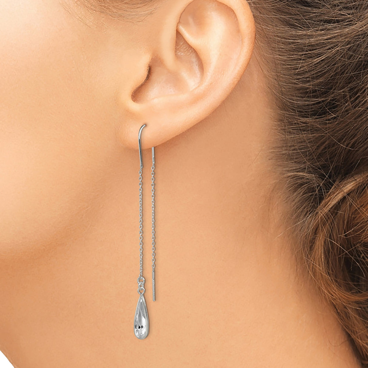 Sterling Silver Threader Earrings with Clear Teardrop Crystal, Long Delicate Chain Drop Design