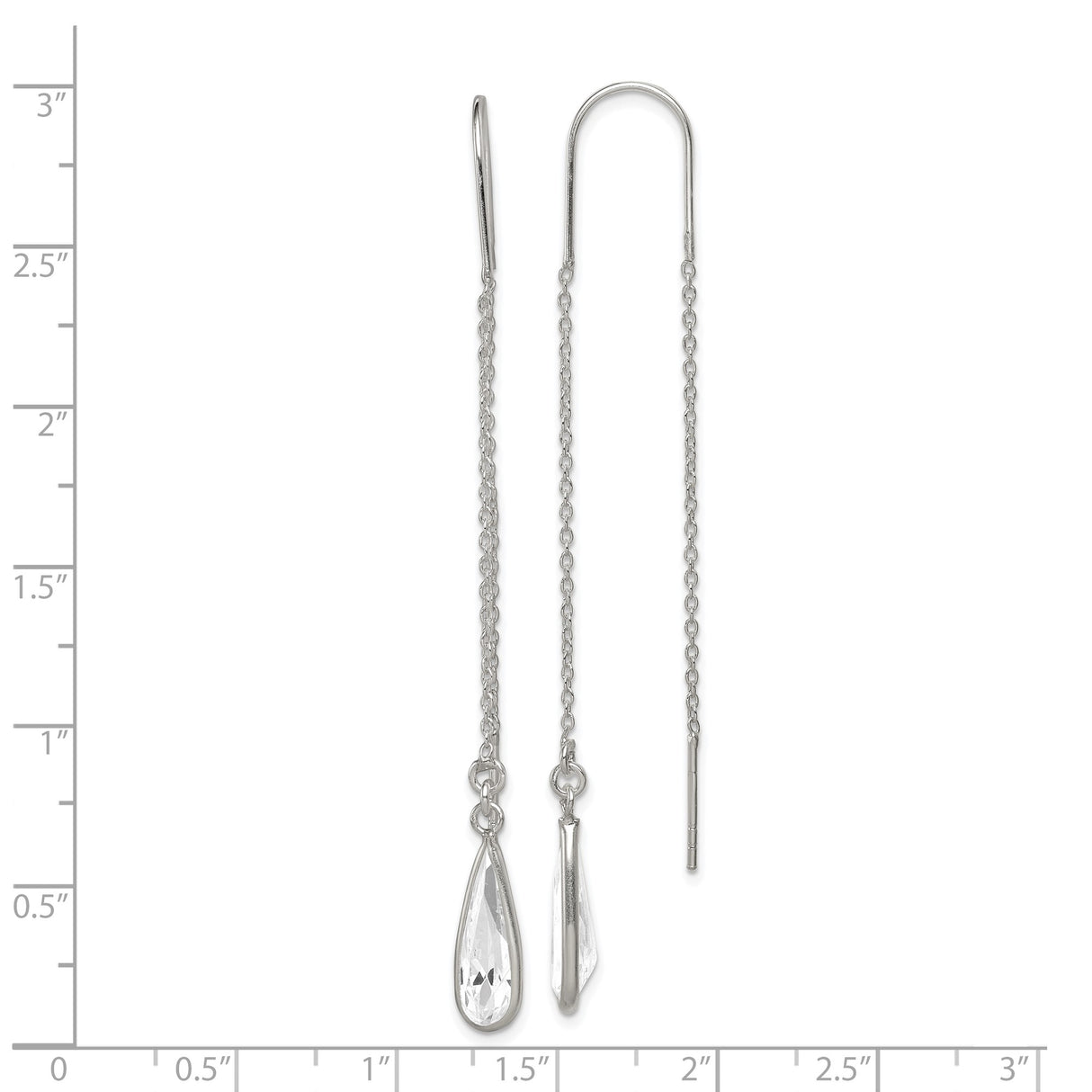 Sterling Silver Threader Earrings with Clear Teardrop Crystal, Long Delicate Chain Drop Design