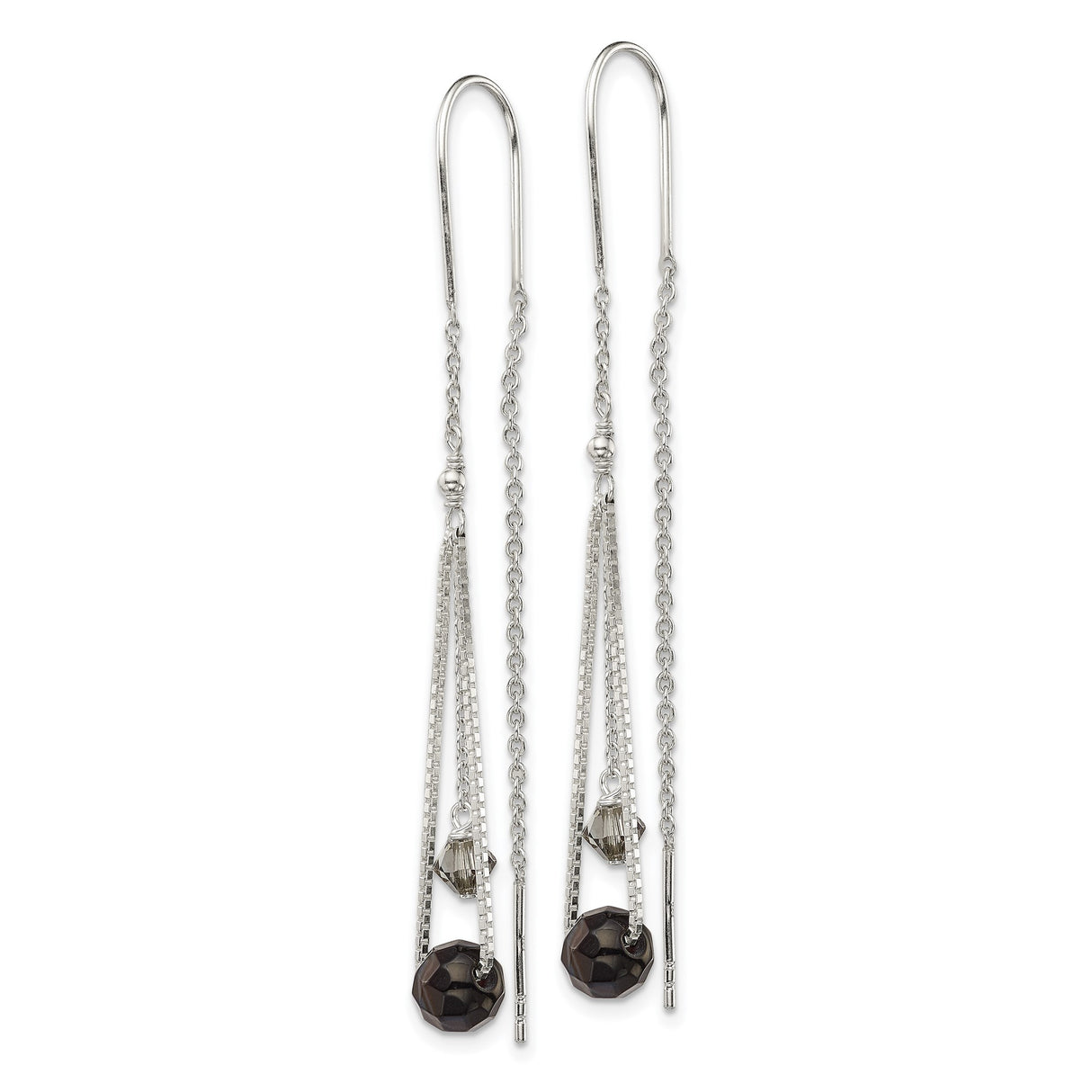 Sterling Silver Threader Drop Earrings with Faceted Black and Gray Crystals, Asymmetrical Design