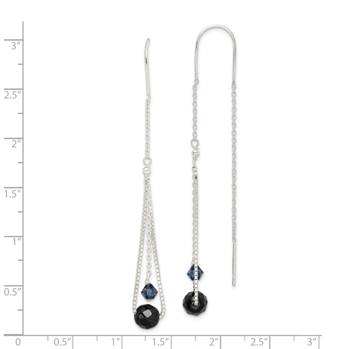 Sterling Silver Threader Drop Earrings with Faceted Black and Gray Crystals, Asymmetrical Design