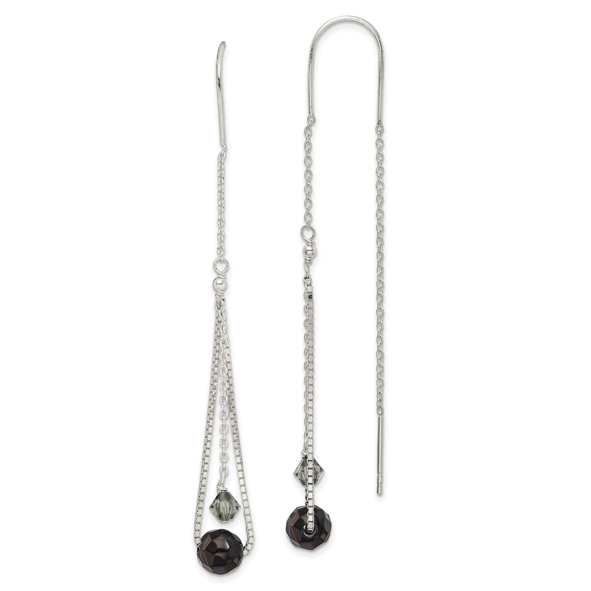 Sterling Silver Threader Drop Earrings with Faceted Black and Gray Crystals, Asymmetrical Design
