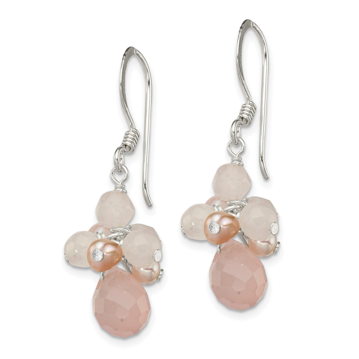 Sterling Silver Dangle Earrings with Rose Quartz, Freshwater Pearls, Floral Cluster Design