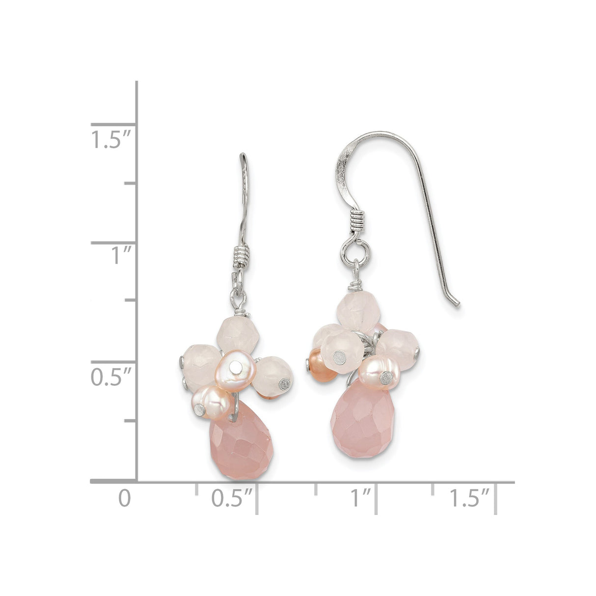 Sterling Silver Dangle Earrings with Rose Quartz, Freshwater Pearls, Floral Cluster Design