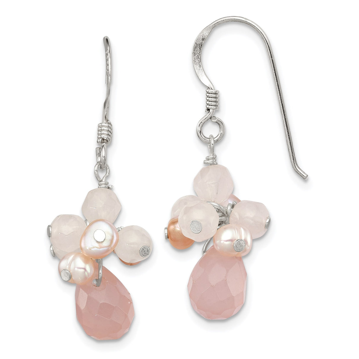 Sterling Silver Dangle Earrings with Rose Quartz, Freshwater Pearls, Floral Cluster Design