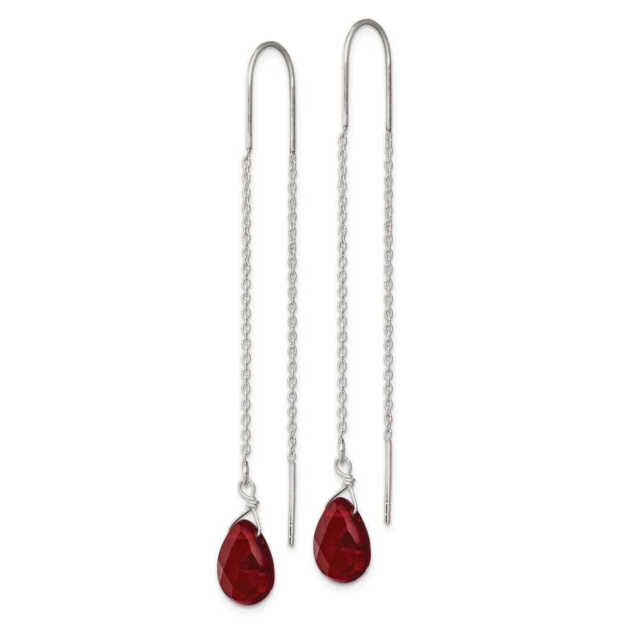 Sterling Silver Threader Earrings with Red Teardrop Crystal, Long Dangle Boho Style for Women