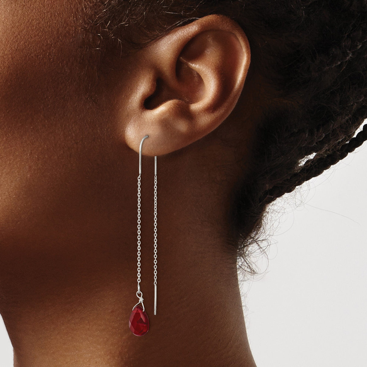 Sterling Silver Threader Earrings with Red Teardrop Crystal, Long Dangle Boho Style for Women