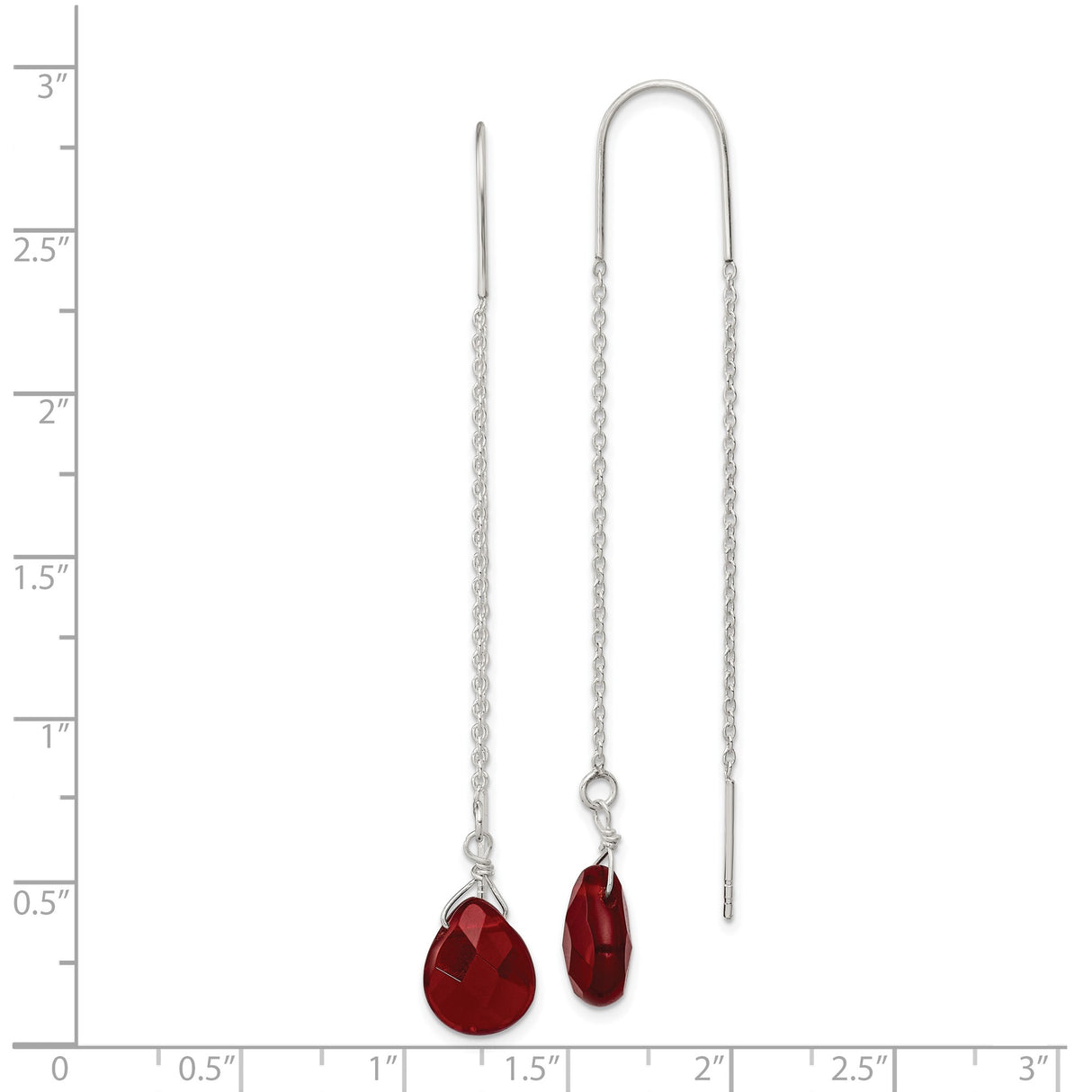 Sterling Silver Threader Earrings with Red Teardrop Crystal, Long Dangle Boho Style for Women