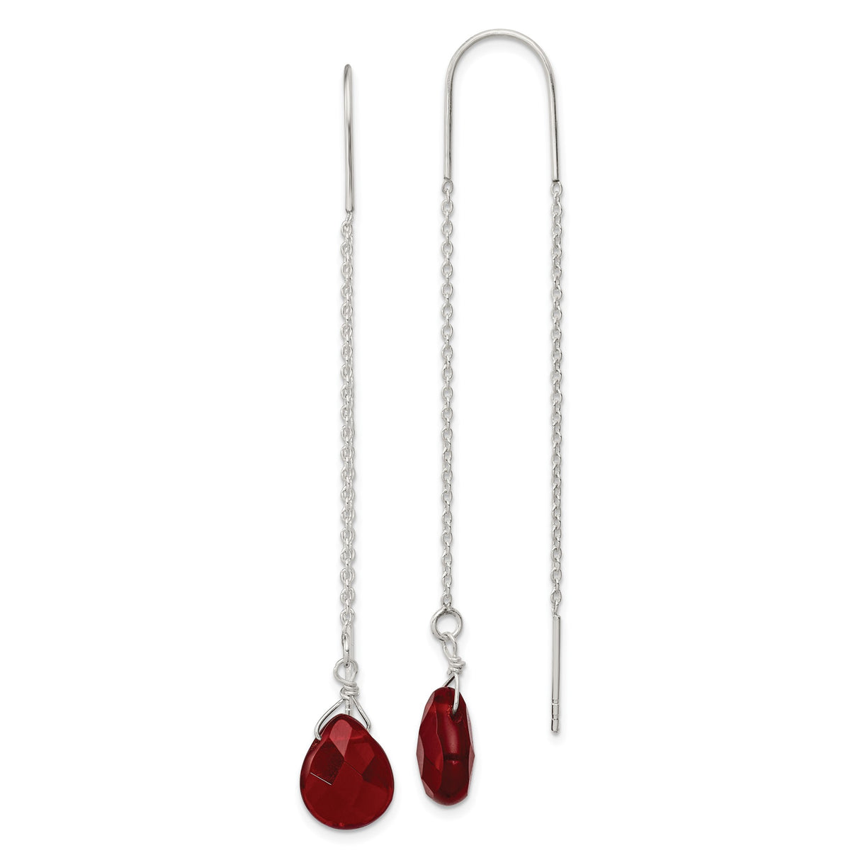 Sterling Silver Threader Earrings with Red Teardrop Crystal, Long Dangle Boho Style for Women