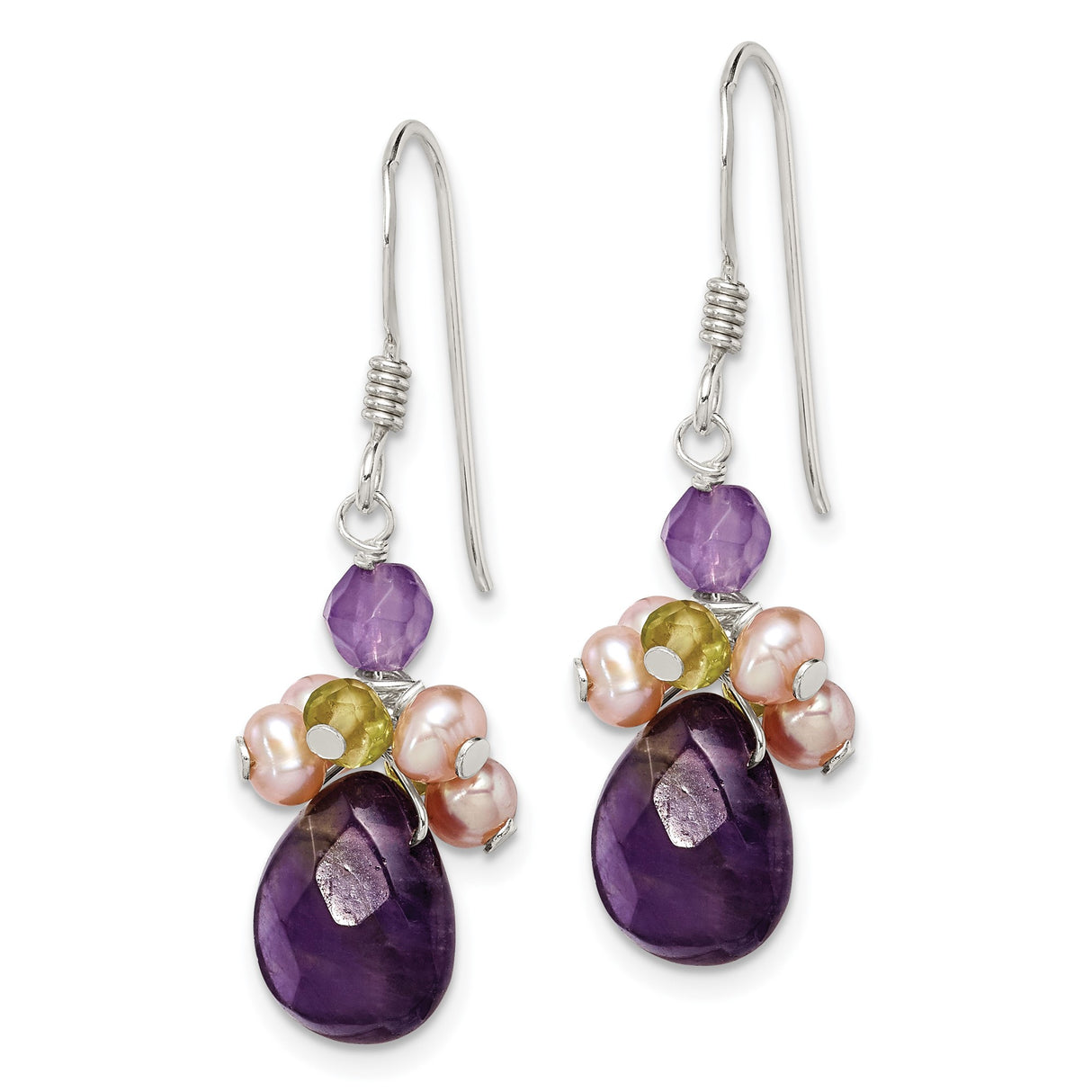 Sterling Silver Dangle Earrings with Amethyst, Pink Pearls, Peridot Accents, Boho Chic Style