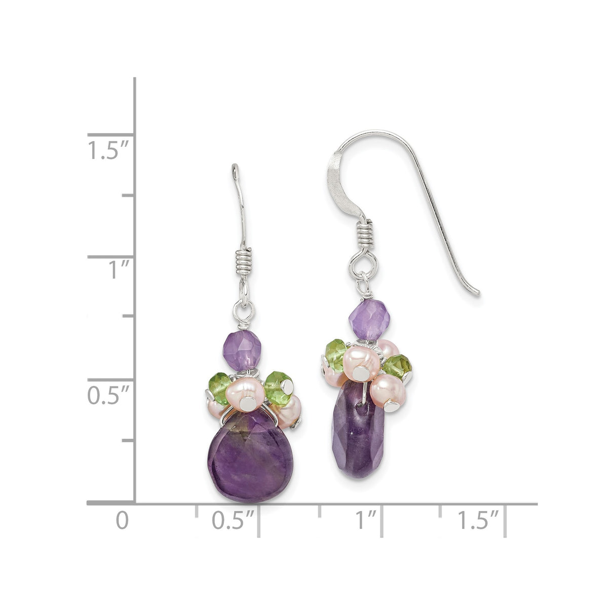 Sterling Silver Dangle Earrings with Amethyst, Pink Pearls, Peridot Accents, Boho Chic Style