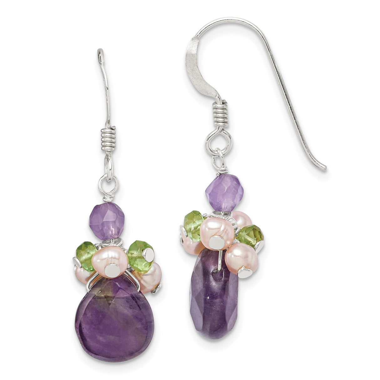 Sterling Silver Dangle Earrings with Amethyst, Pink Pearls, Peridot Accents, Boho Chic Style