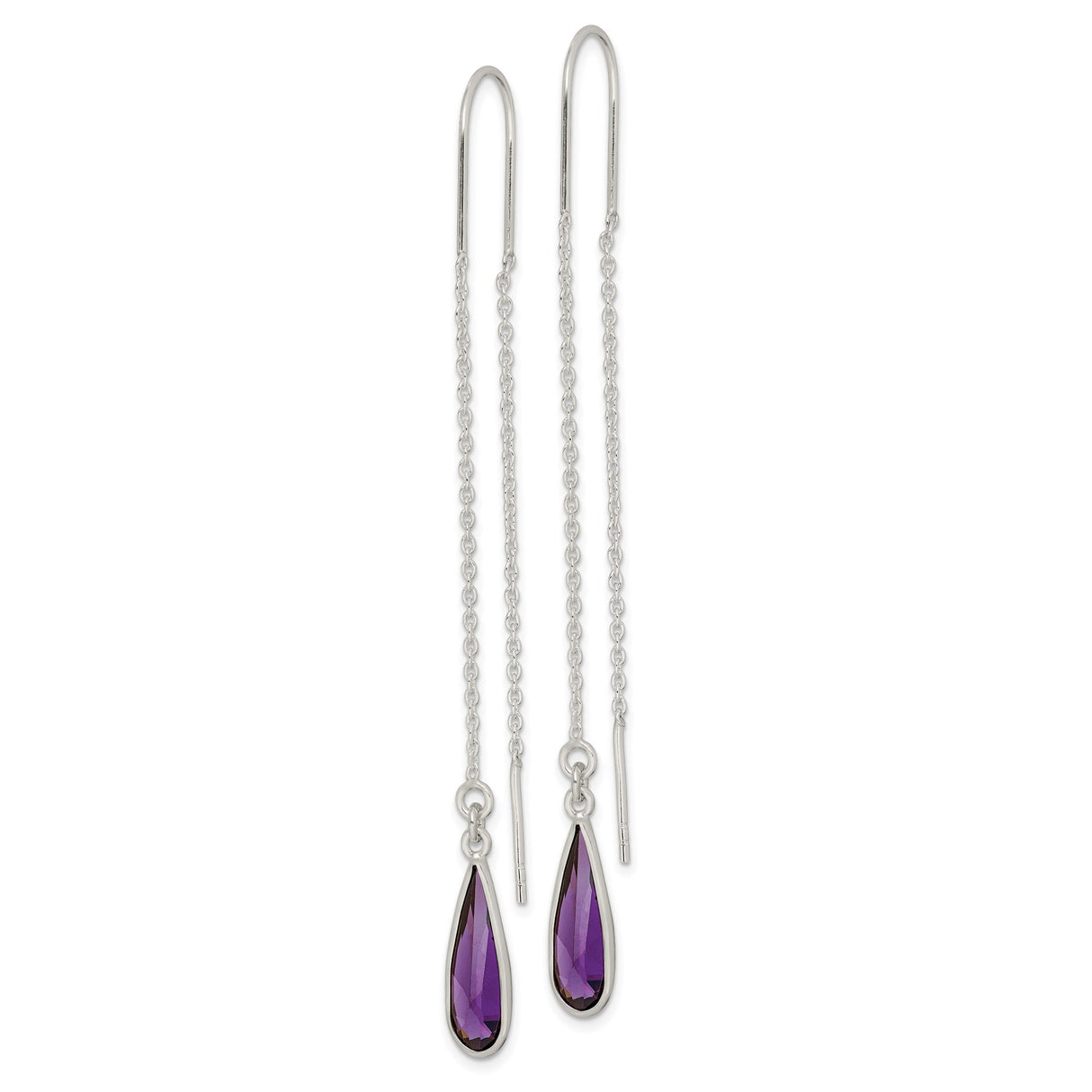 Sterling Silver Threader Earrings with Teardrop Purple Cubic Zirconia, Minimalist Long Drop Style