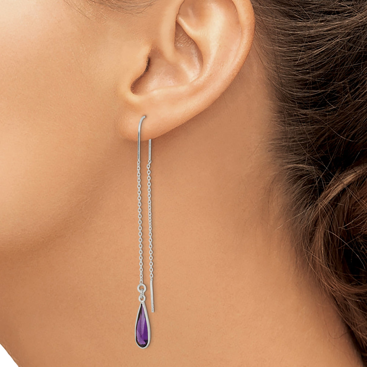 Sterling Silver Threader Earrings with Teardrop Purple Cubic Zirconia, Minimalist Long Drop Style