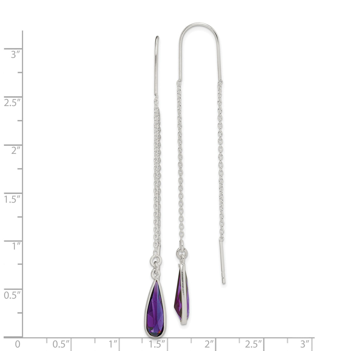 Sterling Silver Threader Earrings with Teardrop Purple Cubic Zirconia, Minimalist Long Drop Style