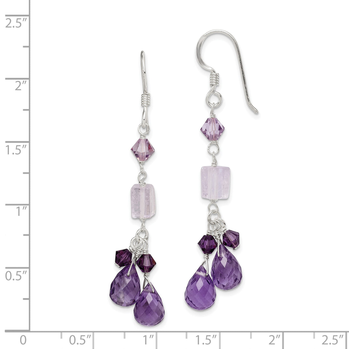 Sterling Silver Dangle Earrings with Amethyst and Lavender Quartz, Teardrop and Geometric Design