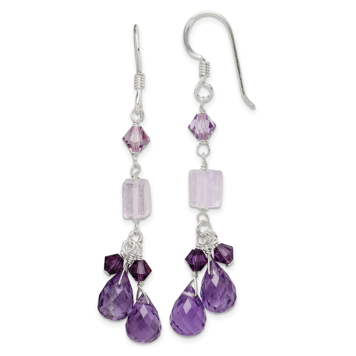 Sterling Silver Dangle Earrings with Amethyst and Lavender Quartz, Teardrop and Geometric Design