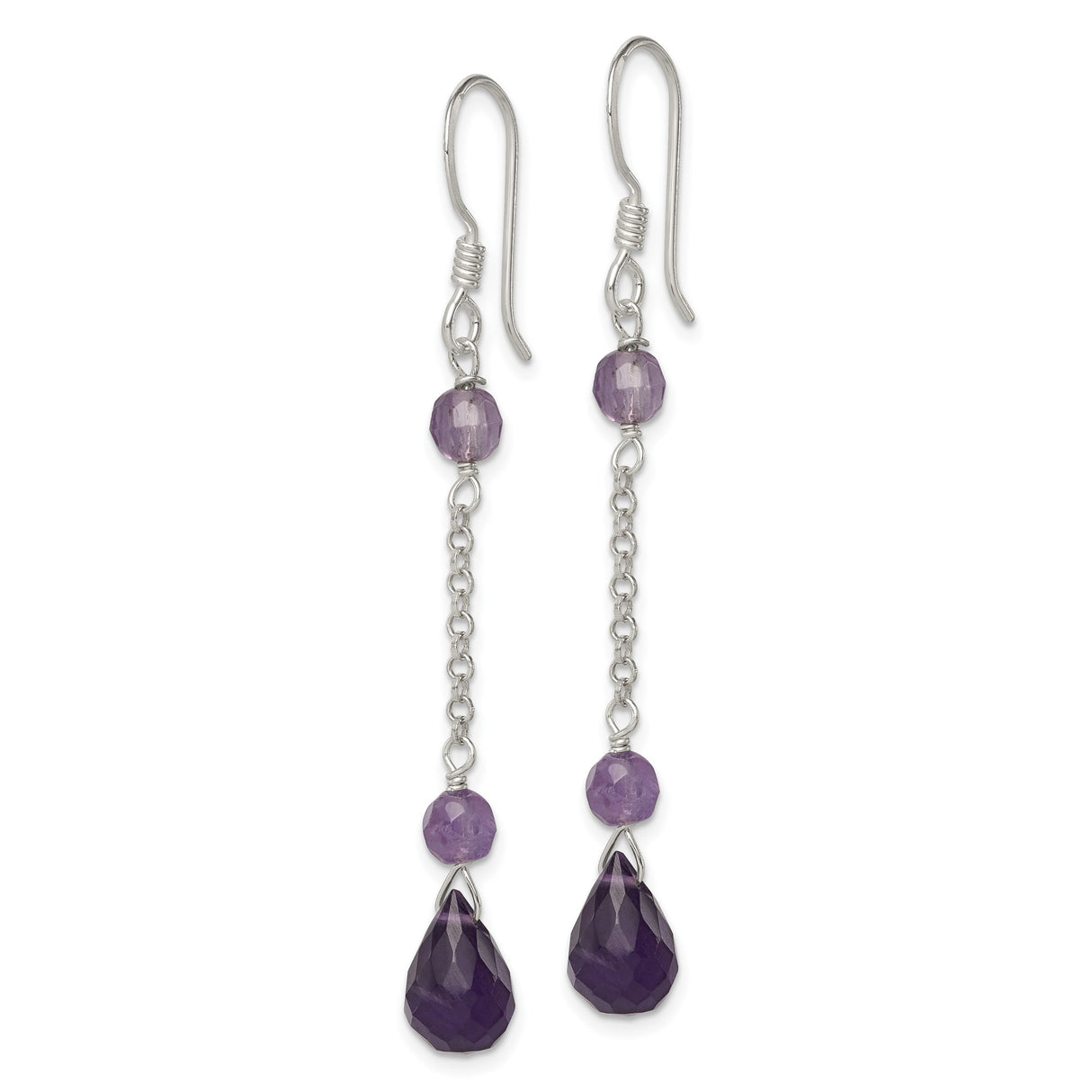 Sterling Silver Dangle Earrings with Amethyst Teardrops on Delicate Chain