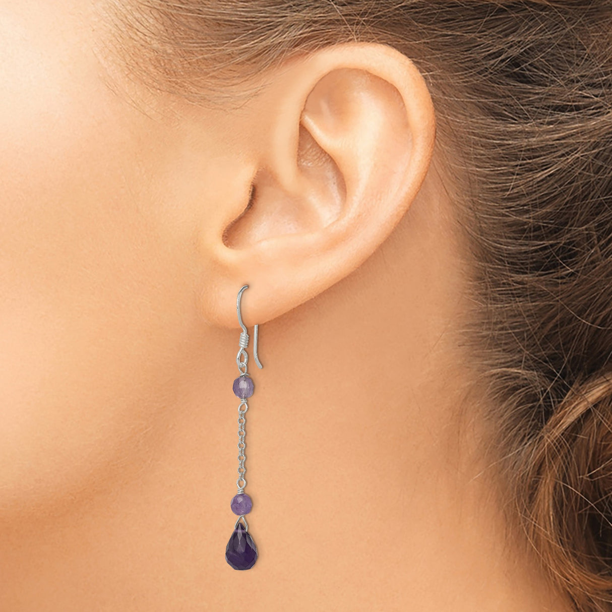 Sterling Silver Dangle Earrings with Amethyst Teardrops on Delicate Chain