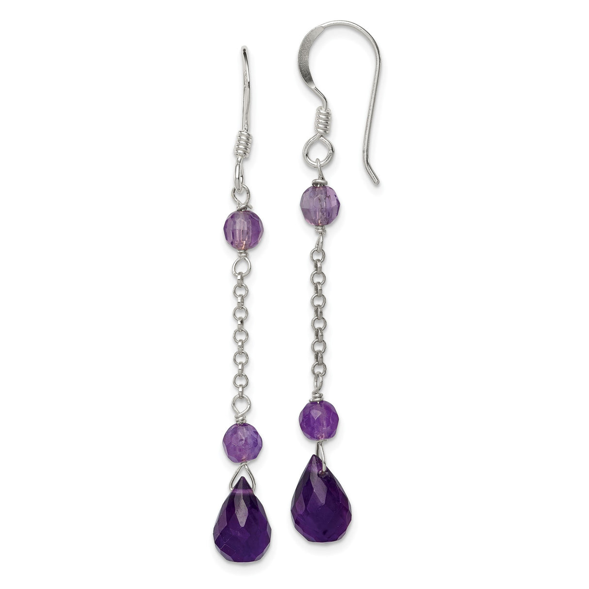 Sterling Silver Dangle Earrings with Amethyst Teardrops on Delicate Chain